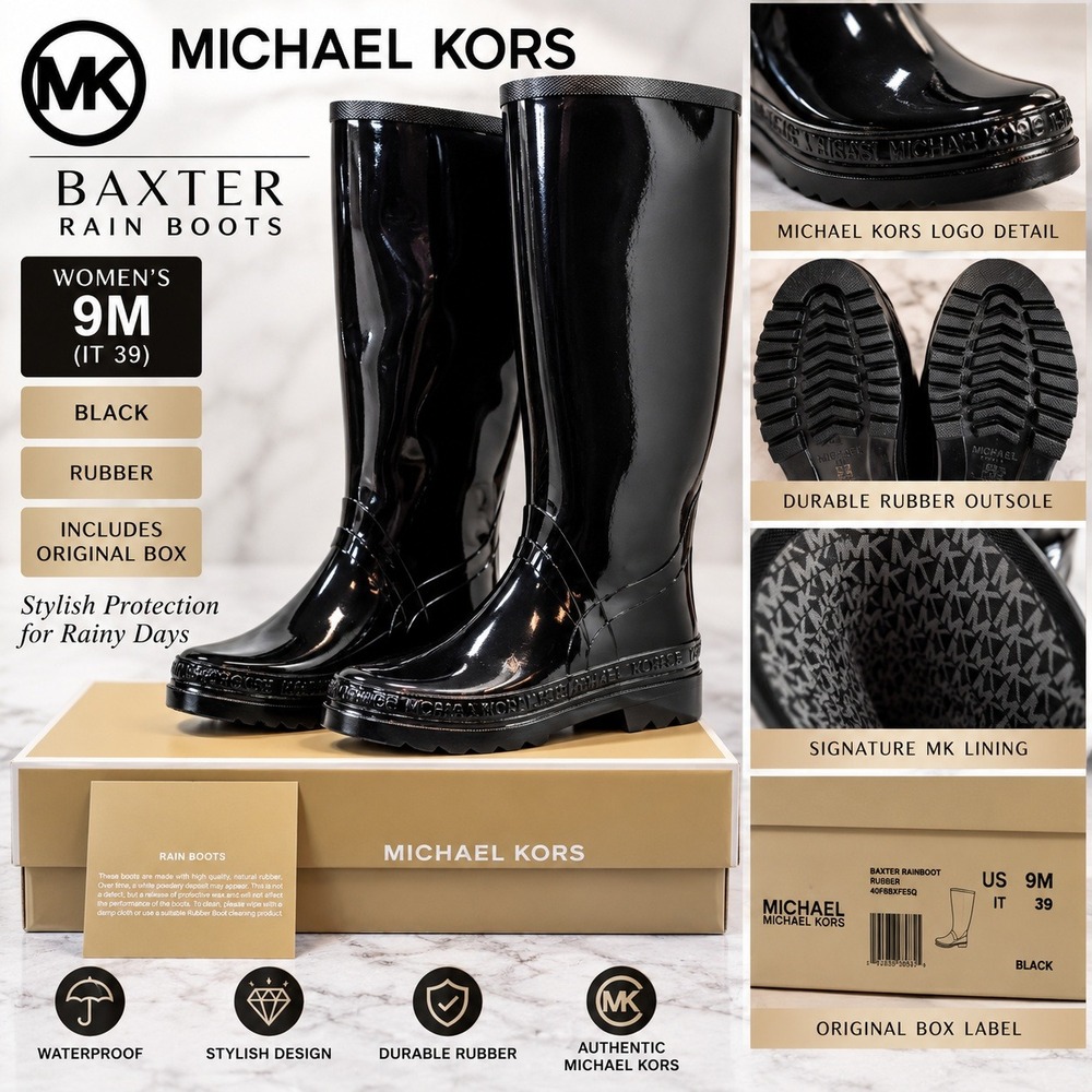 Michael Kors Baxter Rain Boots Black Rubber Tall Waterproof Logo 9M 40F8BXFE5Q